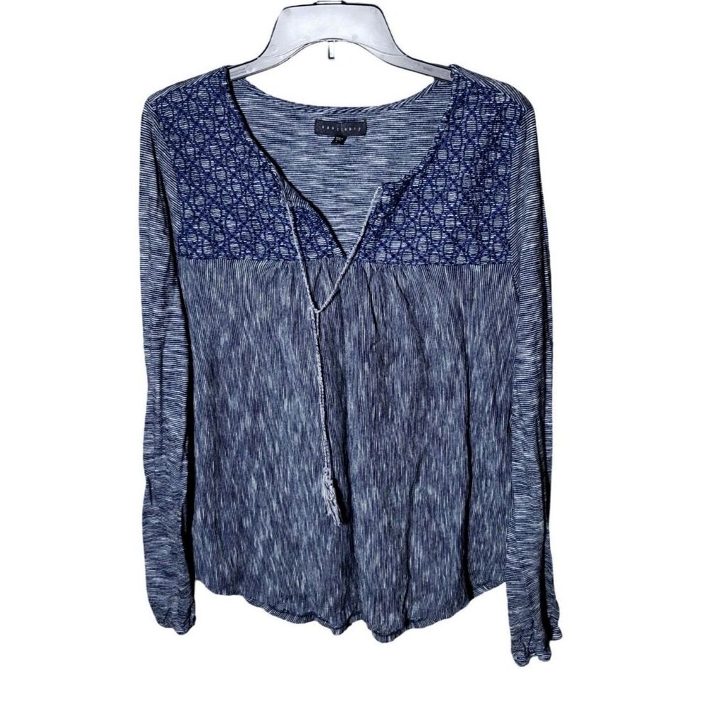 Sanctuary Embroidered Knit Peasant Top Blue White Striped L